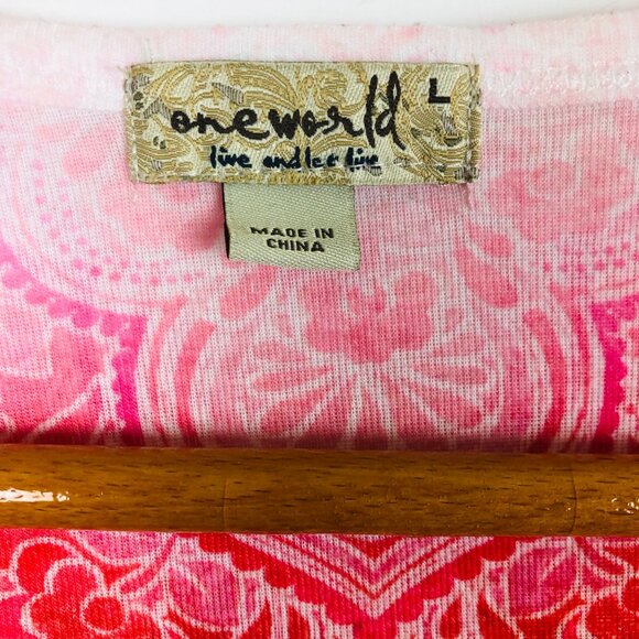 One World Casual Paisley Print Top Sz Large Boho Chic Pink Red Embellished - Picture 2 of 7